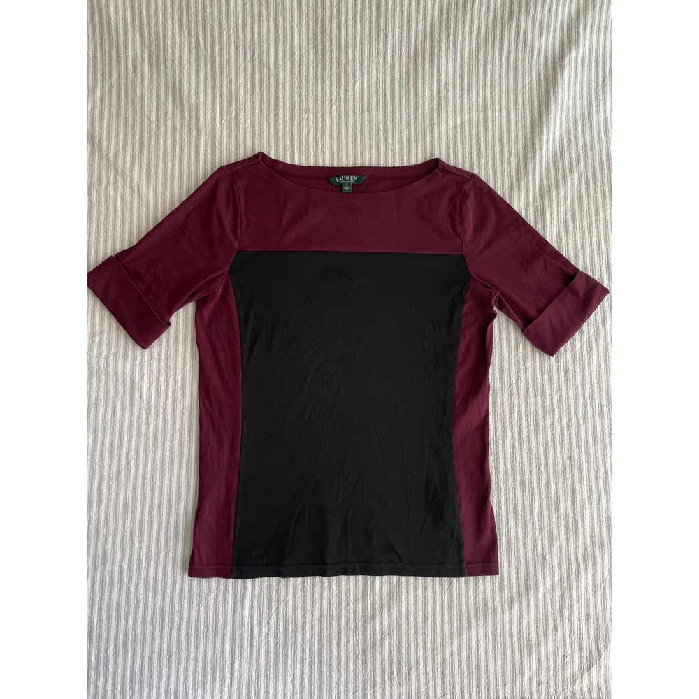 Lauren Ralph Lauren Women Colorblock Boat Neck Cuffed Sleeve Top Burgundy Large